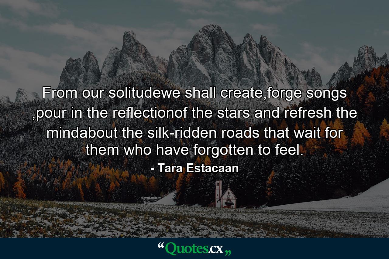 From our solitudewe shall create,forge songs ,pour in the reflectionof the stars and refresh the mindabout the silk-ridden roads that wait for them who have forgotten to feel. - Quote by Tara Estacaan