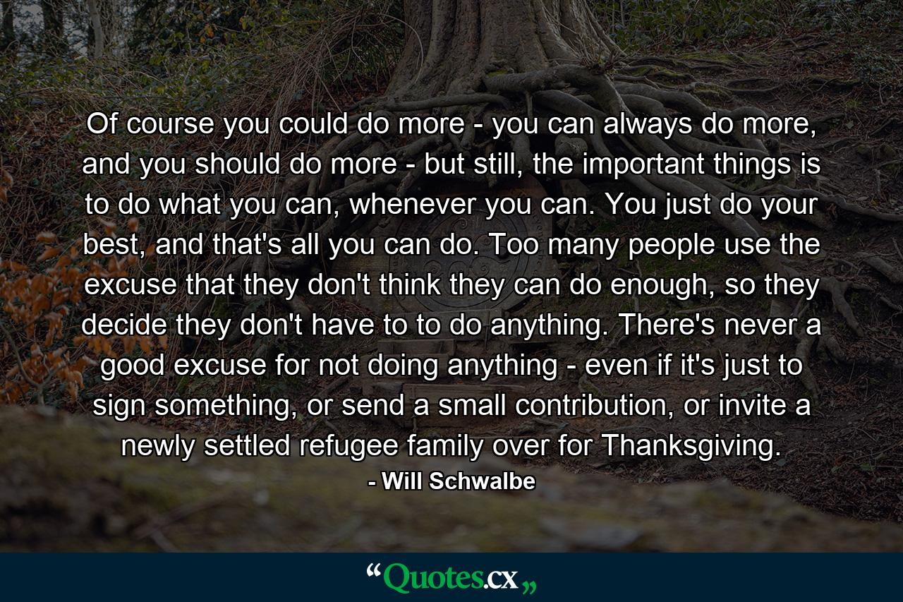 Of course you could do more - you can always do more, and you should do more - but still, the important things is to do what you can, whenever you can. You just do your best, and that's all you can do. Too many people use the excuse that they don't think they can do enough, so they decide they don't have to to do anything. There's never a good excuse for not doing anything - even if it's just to sign something, or send a small contribution, or invite a newly settled refugee family over for Thanksgiving. - Quote by Will Schwalbe