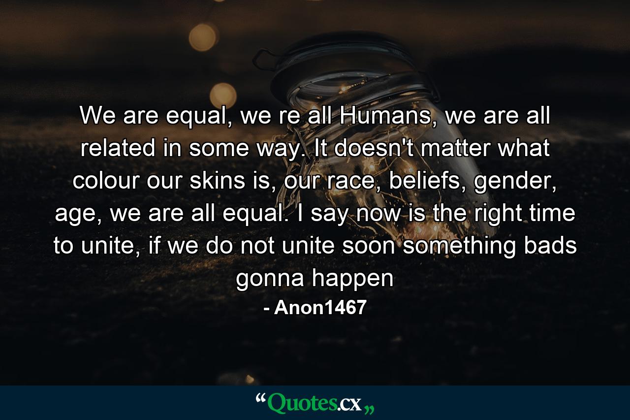 We are equal, we re all Humans, we are all related in some way. It doesn't matter what colour our skins is, our race, beliefs, gender, age, we are all equal. I say now is the right time to unite, if we do not unite soon something bads gonna happen - Quote by Anon1467