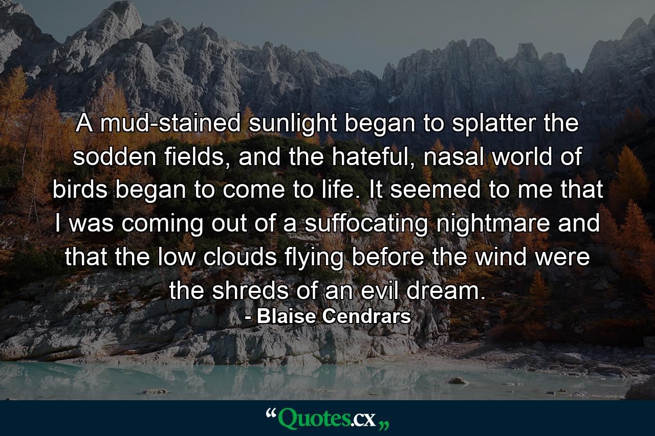 A mud-stained sunlight began to splatter the sodden fields, and the hateful, nasal world of birds began to come to life. It seemed to me that I was coming out of a suffocating nightmare and that the low clouds flying before the wind were the shreds of an evil dream. - Quote by Blaise Cendrars