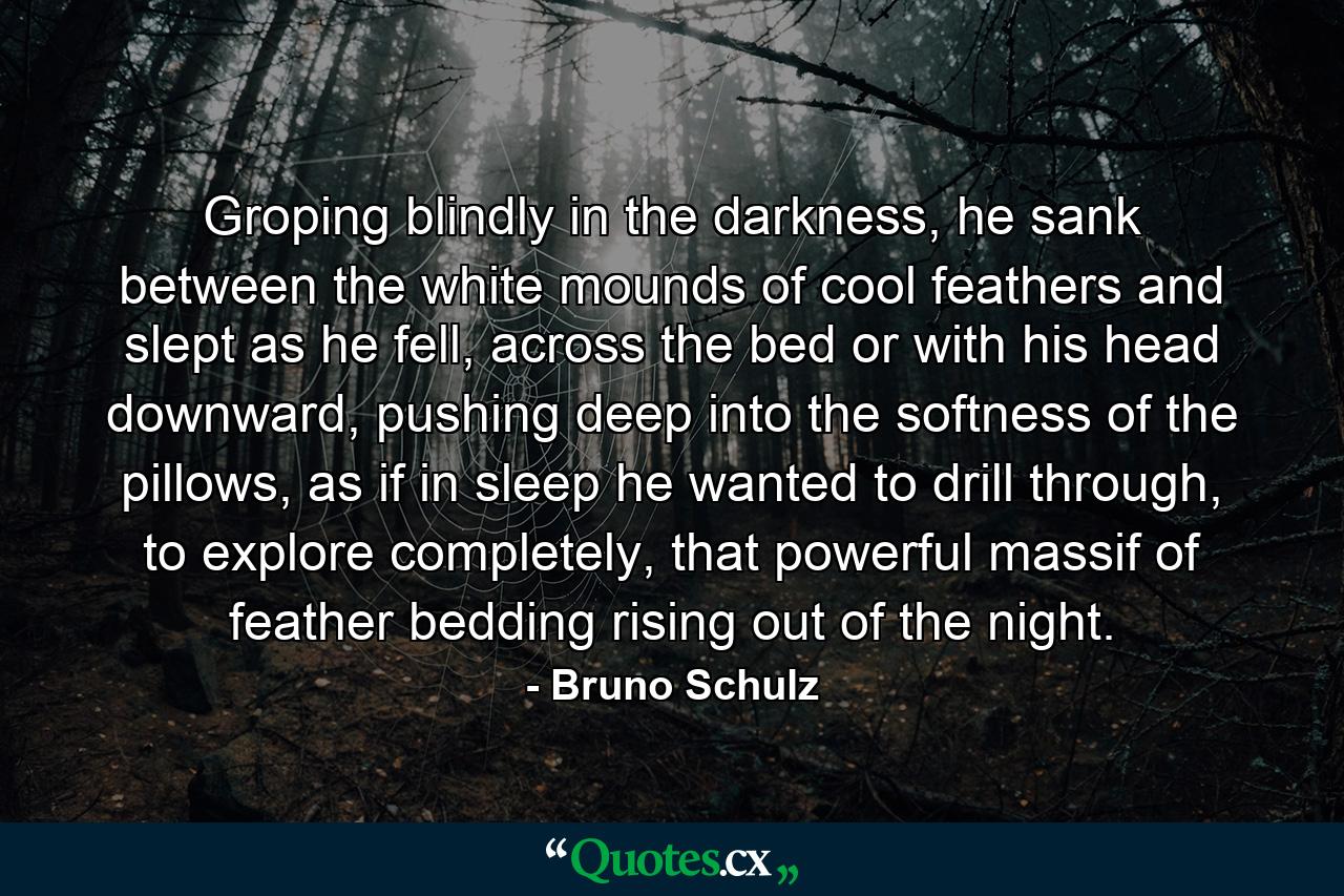 Groping blindly in the darkness, he sank between the white mounds of cool feathers and slept as he fell, across the bed or with his head downward, pushing deep into the softness of the pillows, as if in sleep he wanted to drill through, to explore completely, that powerful massif of feather bedding rising out of the night. - Quote by Bruno Schulz