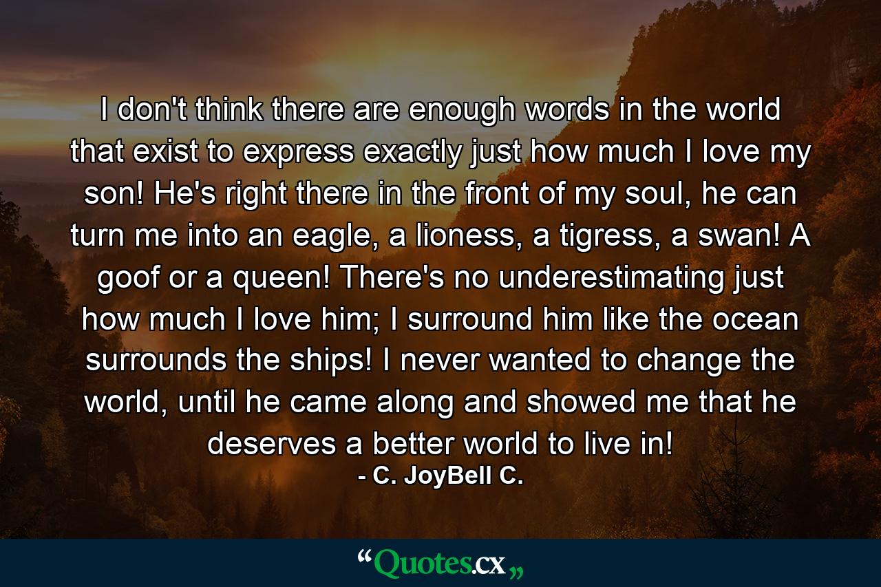 I don't think there are enough words in the world that exist to express exactly just how much I love my son! He's right there in the front of my soul, he can turn me into an eagle, a lioness, a tigress, a swan! A goof or a queen! There's no underestimating just how much I love him; I surround him like the ocean surrounds the ships! I never wanted to change the world, until he came along and showed me that he deserves a better world to live in! - Quote by C. JoyBell C.