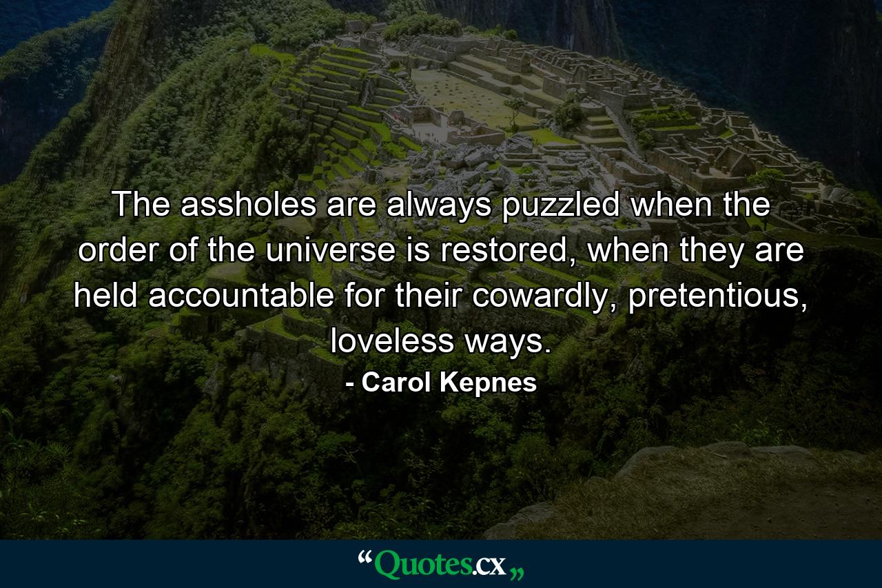 The assholes are always puzzled when the order of the universe is restored, when they are held accountable for their cowardly, pretentious, loveless ways. - Quote by Carol Kepnes