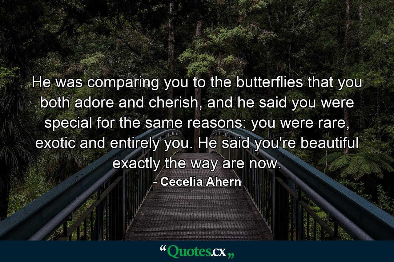 He was comparing you to the butterflies that you both adore and cherish, and he said you were special for the same reasons: you were rare, exotic and entirely you. He said you're beautiful exactly the way are now. - Quote by Cecelia Ahern