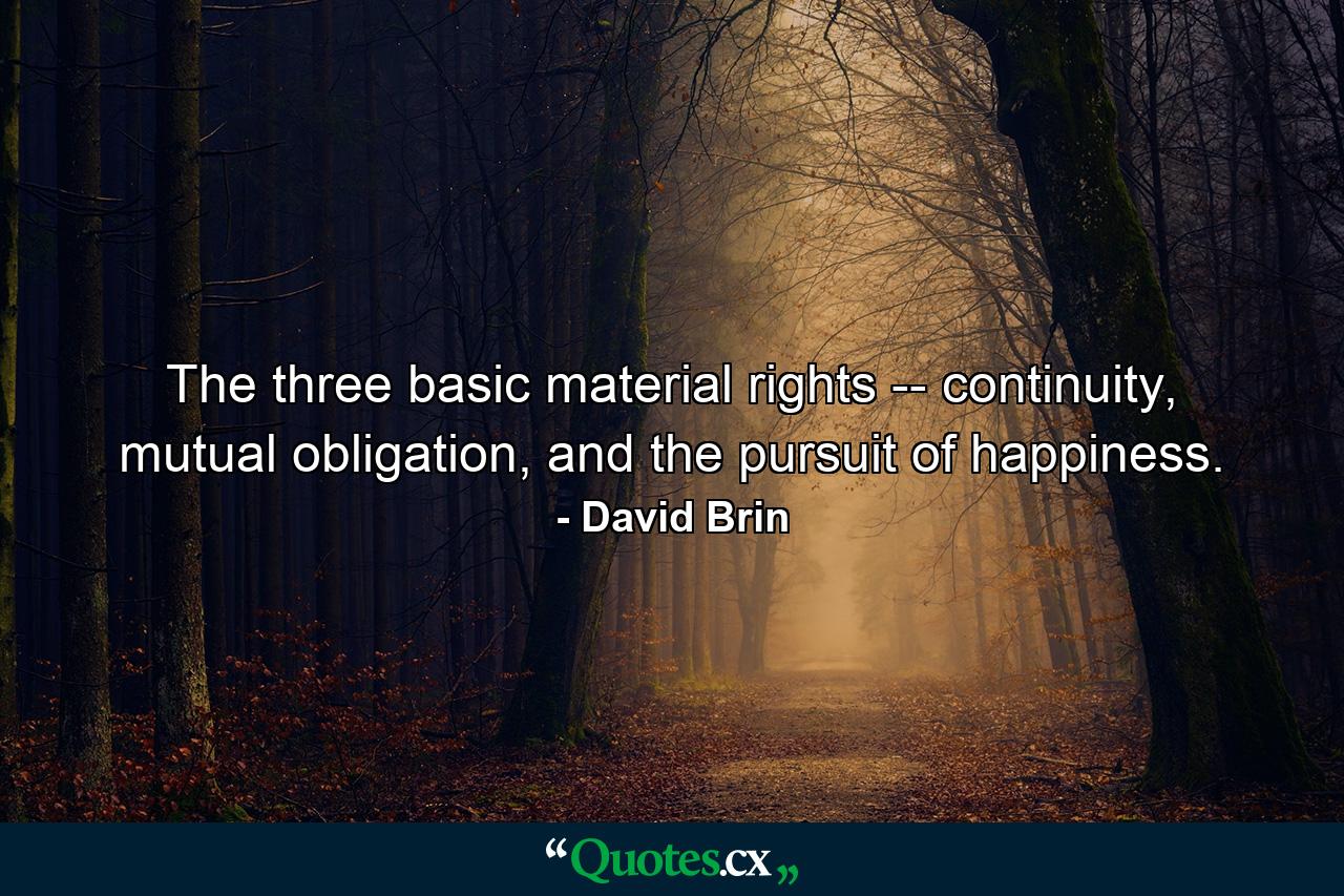 The three basic material rights -- continuity, mutual obligation, and the pursuit of happiness. - Quote by David Brin