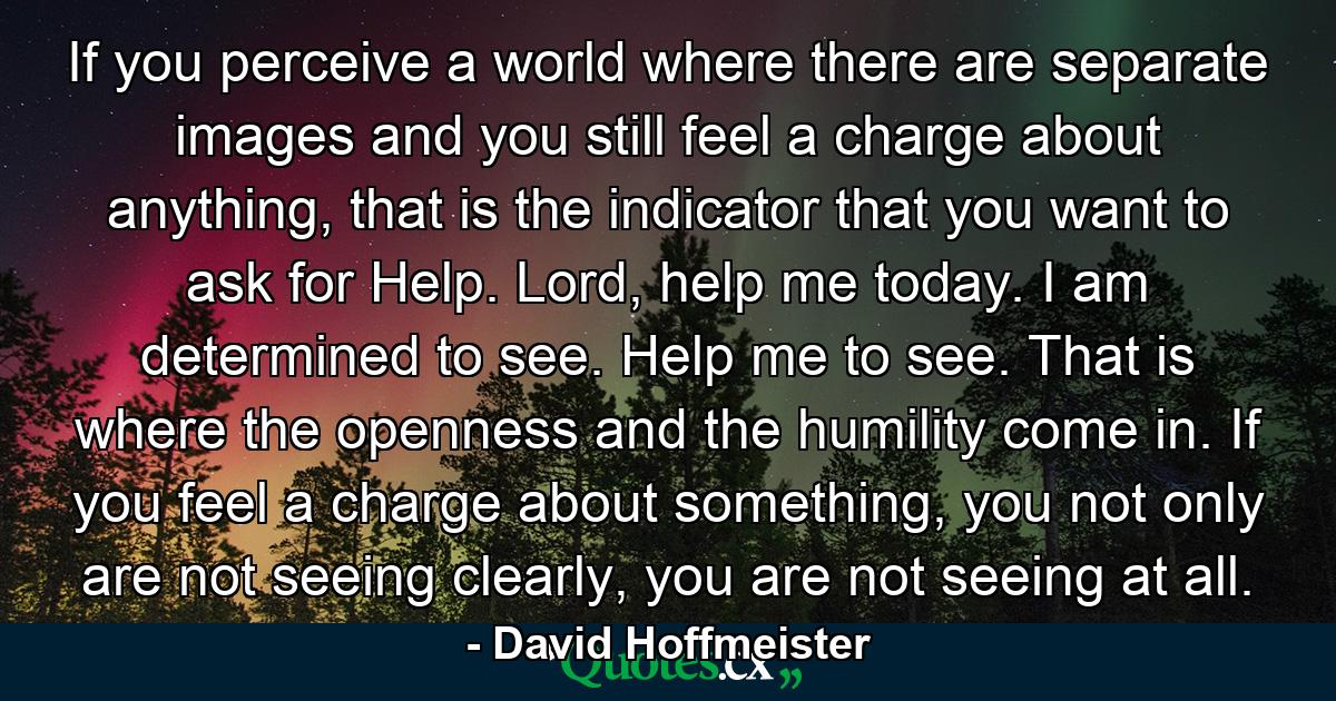 If you perceive a world where there are separate images and you still feel a charge about anything, that is the indicator that you want to ask for Help. Lord, help me today. I am determined to see. Help me to see. That is where the openness and the humility come in. If you feel a charge about something, you not only are not seeing clearly, you are not seeing at all. - Quote by David Hoffmeister