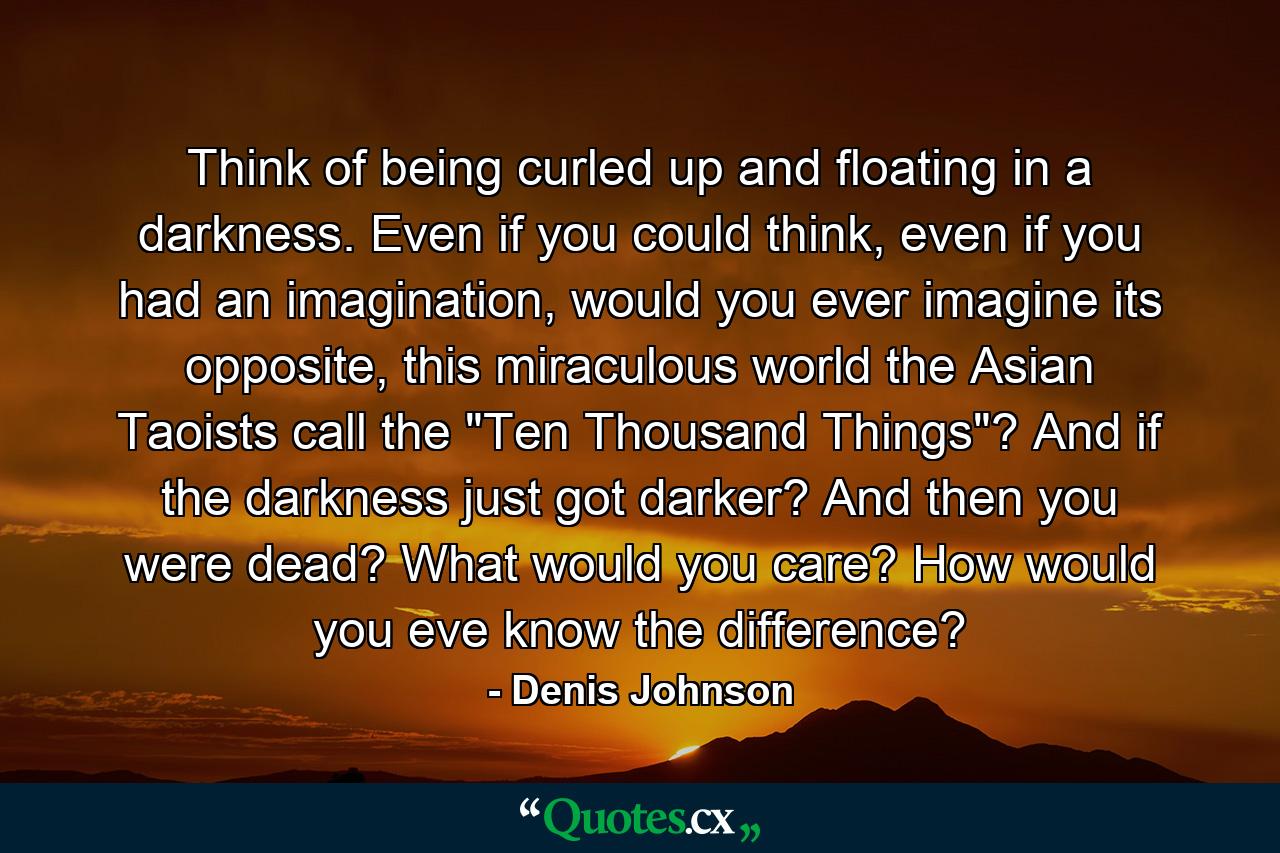 Think of being curled up and floating in a darkness. Even if you could think, even if you had an imagination, would you ever imagine its opposite, this miraculous world the Asian Taoists call the 