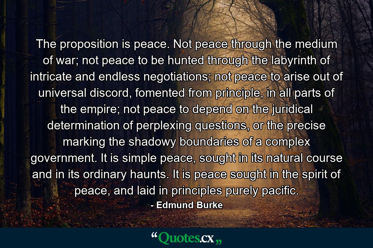 The proposition is peace. Not peace through the medium of war; not peace to be hunted through the labyrinth of intricate and endless negotiations; not peace to arise out of universal discord, fomented from principle, in all parts of the empire; not peace to depend on the juridical determination of perplexing questions, or the precise marking the shadowy boundaries of a complex government. It is simple peace, sought in its natural course and in its ordinary haunts. It is peace sought in the spirit of peace, and laid in principles purely pacific. - Quote by Edmund Burke