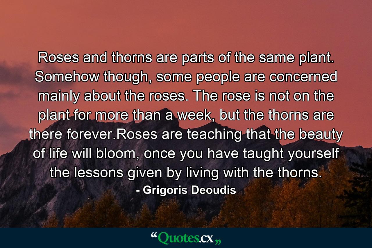 Roses and thorns are parts of the same plant. Somehow though, some people are concerned mainly about the roses. The rose is not on the plant for more than a week, but the thorns are there forever.Roses are teaching that the beauty of life will bloom, once you have taught yourself the lessons given by living with the thorns. - Quote by Grigoris Deoudis