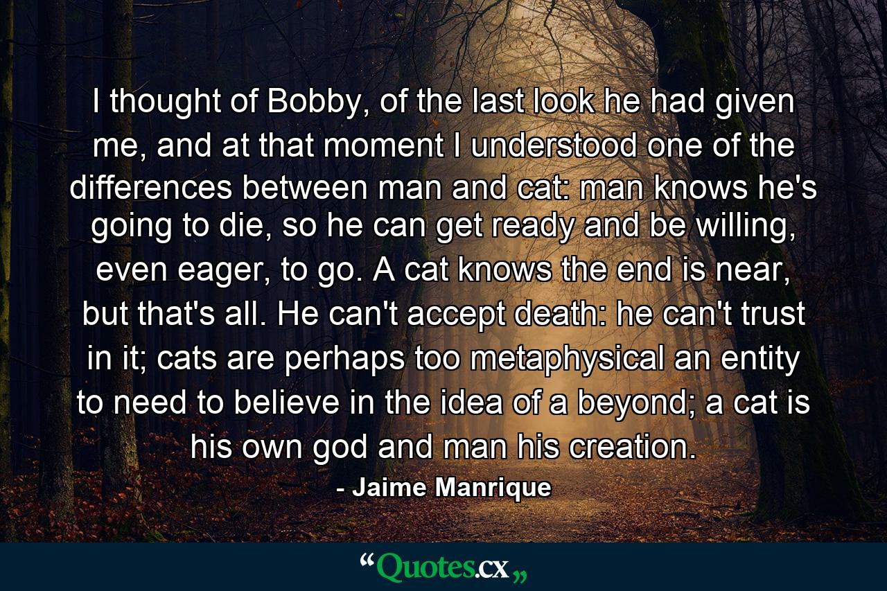 I thought of Bobby, of the last look he had given me, and at that moment I understood one of the differences between man and cat: man knows he's going to die, so he can get ready and be willing, even eager, to go. A cat knows the end is near, but that's all. He can't accept death: he can't trust in it; cats are perhaps too metaphysical an entity to need to believe in the idea of a beyond; a cat is his own god and man his creation. - Quote by Jaime Manrique