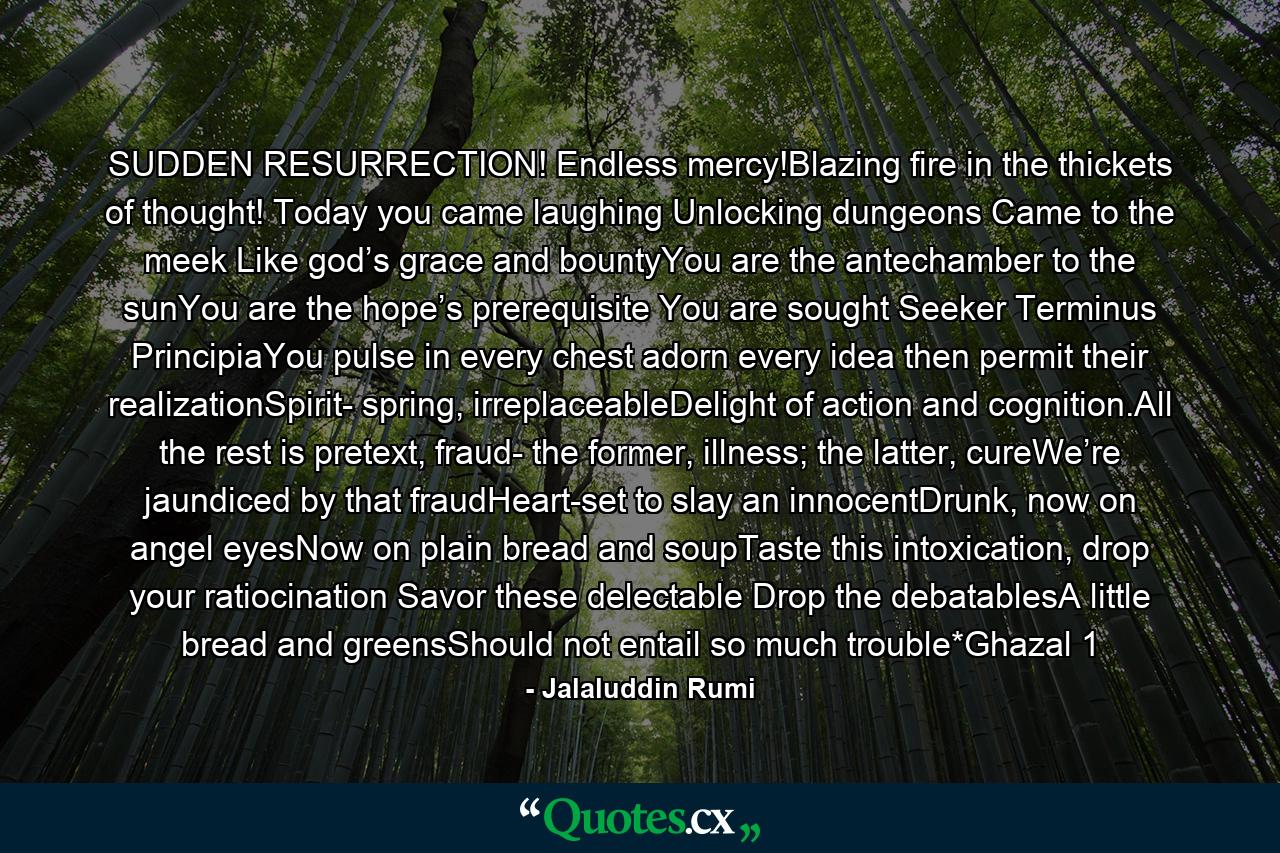 SUDDEN RESURRECTION! Endless mercy!Blazing fire in the thickets of thought! Today you came laughing Unlocking dungeons Came to the meek Like god’s grace and bountyYou are the antechamber to the sunYou are the hope’s prerequisite You are sought Seeker Terminus PrincipiaYou pulse in every chest adorn every idea then permit their realizationSpirit- spring, irreplaceableDelight of action and cognition.All the rest is pretext, fraud- the former, illness; the latter, cureWe’re jaundiced by that fraudHeart-set to slay an innocentDrunk, now on angel eyesNow on plain bread and soupTaste this intoxication, drop your ratiocination Savor these delectable Drop the debatablesA little bread and greensShould not entail so much trouble*Ghazal 1 - Quote by Jalaluddin Rumi