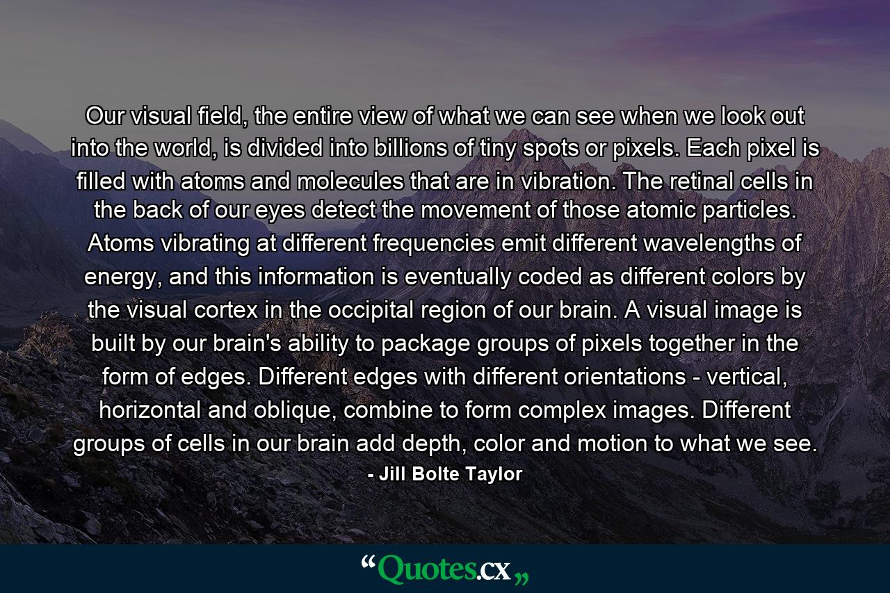 Our visual field, the entire view of what we can see when we look out into the world, is divided into billions of tiny spots or pixels. Each pixel is filled with atoms and molecules that are in vibration. The retinal cells in the back of our eyes detect the movement of those atomic particles. Atoms vibrating at different frequencies emit different wavelengths of energy, and this information is eventually coded as different colors by the visual cortex in the occipital region of our brain. A visual image is built by our brain's ability to package groups of pixels together in the form of edges. Different edges with different orientations - vertical, horizontal and oblique, combine to form complex images. Different groups of cells in our brain add depth, color and motion to what we see. - Quote by Jill Bolte Taylor