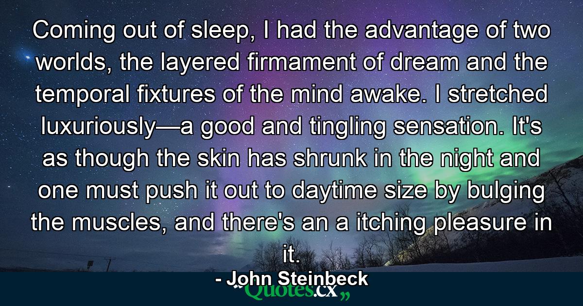 Coming out of sleep, I had the advantage of two worlds, the layered firmament of dream and the temporal fixtures of the mind awake. I stretched luxuriously—a good and tingling sensation. It's as though the skin has shrunk in the night and one must push it out to daytime size by bulging the muscles, and there's an a itching pleasure in it. - Quote by John Steinbeck