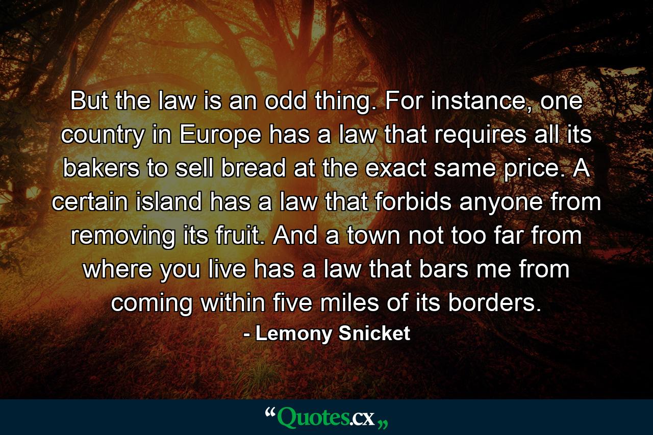 But the law is an odd thing. For instance, one country in Europe has a law that requires all its bakers to sell bread at the exact same price. A certain island has a law that forbids anyone from removing its fruit. And a town not too far from where you live has a law that bars me from coming within five miles of its borders. - Quote by Lemony Snicket