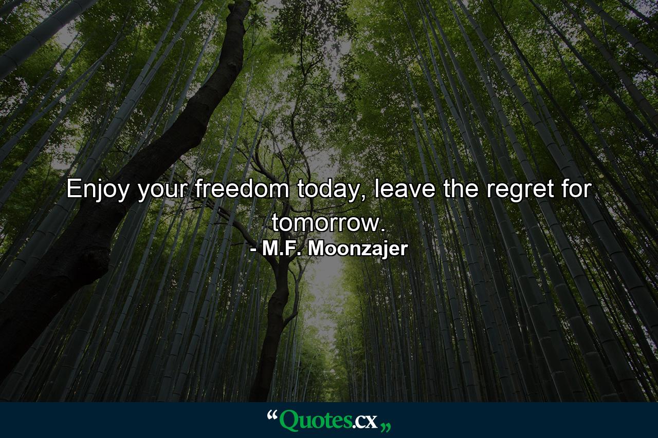 Enjoy your freedom today, leave the regret for tomorrow. - Quote by M.F. Moonzajer