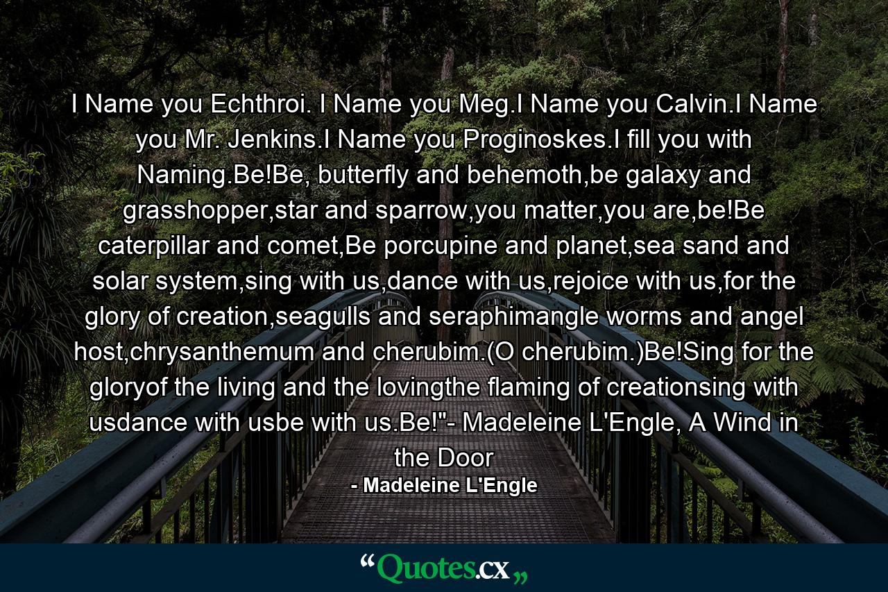 I Name you Echthroi. I Name you Meg.I Name you Calvin.I Name you Mr. Jenkins.I Name you Proginoskes.I fill you with Naming.Be!Be, butterfly and behemoth,be galaxy and grasshopper,star and sparrow,you matter,you are,be!Be caterpillar and comet,Be porcupine and planet,sea sand and solar system,sing with us,dance with us,rejoice with us,for the glory of creation,seagulls and seraphimangle worms and angel host,chrysanthemum and cherubim.(O cherubim.)Be!Sing for the gloryof the living and the lovingthe flaming of creationsing with usdance with usbe with us.Be!