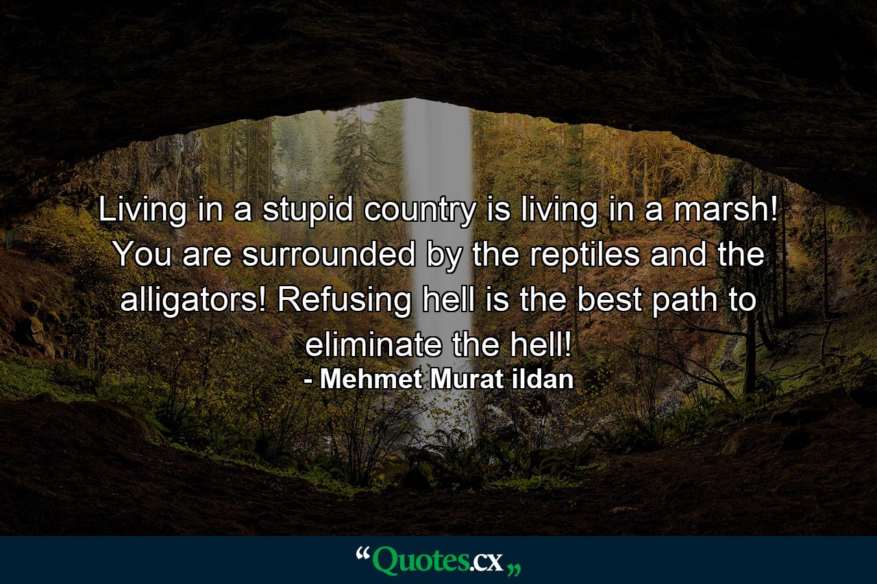 Living in a stupid country is living in a marsh! You are surrounded by the reptiles and the alligators! Refusing hell is the best path to eliminate the hell! - Quote by Mehmet Murat ildan