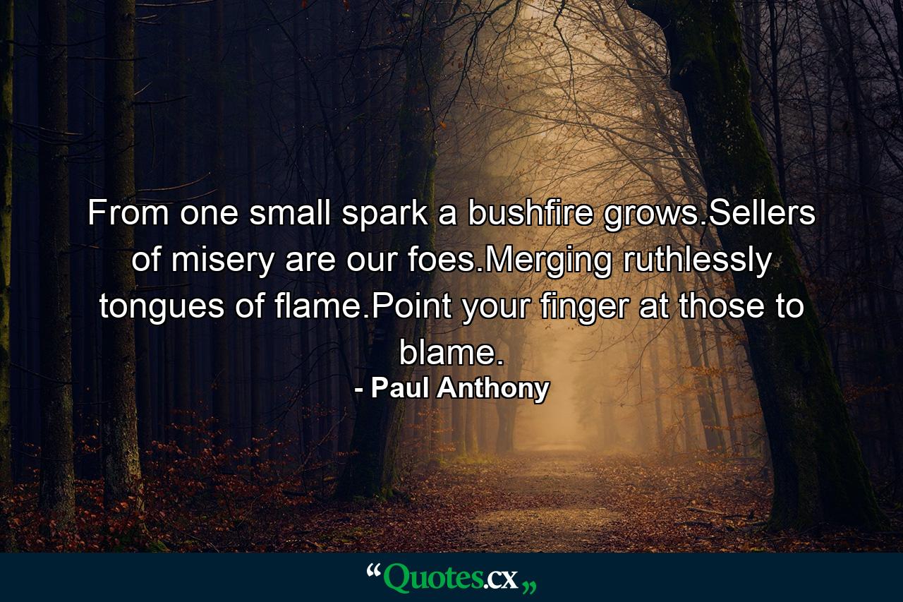 From one small spark a bushfire grows.Sellers of misery are our foes.Merging ruthlessly tongues of flame.Point your finger at those to blame. - Quote by Paul Anthony