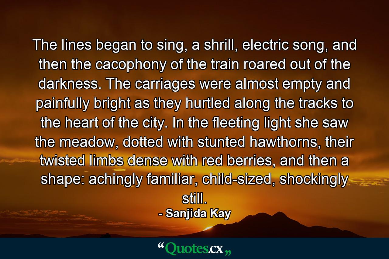 The lines began to sing, a shrill, electric song, and then the cacophony of the train roared out of the darkness. The carriages were almost empty and painfully bright as they hurtled along the tracks to the heart of the city. In the fleeting light she saw the meadow, dotted with stunted hawthorns, their twisted limbs dense with red berries, and then a shape: achingly familiar, child-sized, shockingly still. - Quote by Sanjida Kay