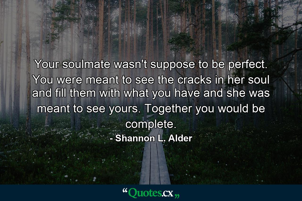 Your soulmate wasn't suppose to be perfect. You were meant to see the cracks in her soul and fill them with what you have and she was meant to see yours. Together you would be complete. - Quote by Shannon L. Alder