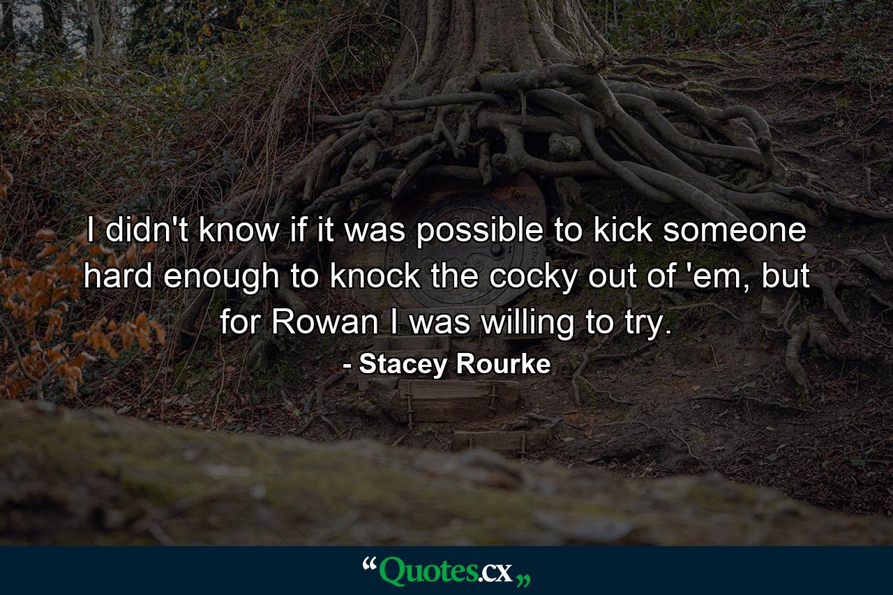 I didn't know if it was possible to kick someone hard enough to knock the cocky out of 'em, but for Rowan I was willing to try. - Quote by Stacey Rourke