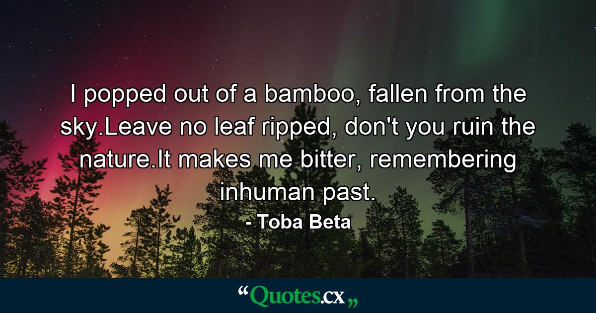 I popped out of a bamboo, fallen from the sky.Leave no leaf ripped, don't you ruin the nature.It makes me bitter, remembering inhuman past. - Quote by Toba Beta