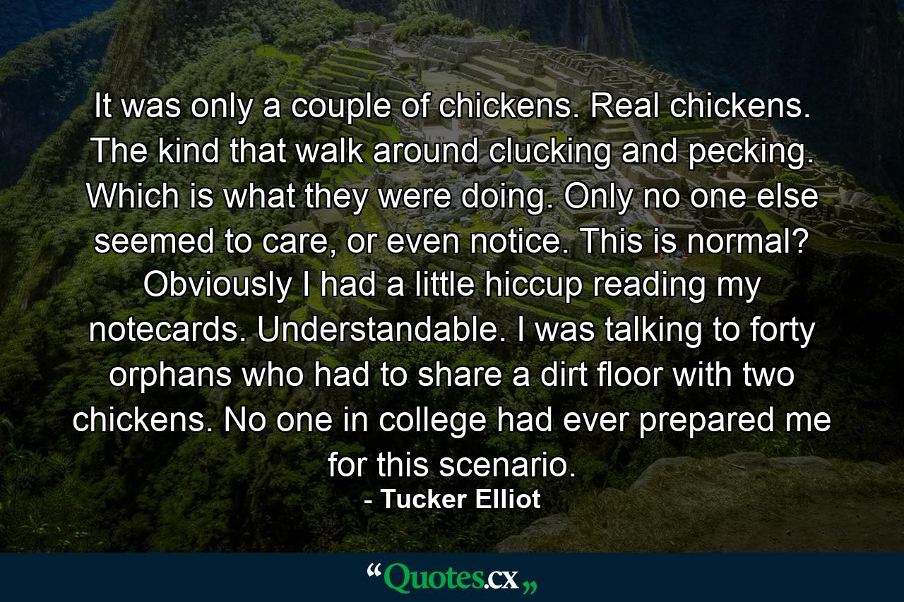 It was only a couple of chickens. Real chickens. The kind that walk around clucking and pecking. Which is what they were doing. Only no one else seemed to care, or even notice. This is normal? Obviously I had a little hiccup reading my notecards. Understandable. I was talking to forty orphans who had to share a dirt floor with two chickens. No one in college had ever prepared me for this scenario. - Quote by Tucker Elliot