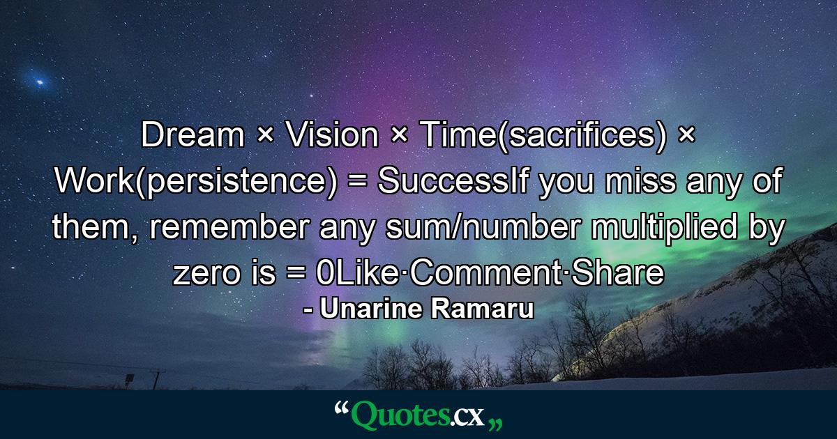 Dream × Vision × Time(sacrifices) × Work(persistence) = SuccessIf you miss any of them, remember any sum/number multiplied by zero is = 0Like·Comment·Share - Quote by Unarine Ramaru