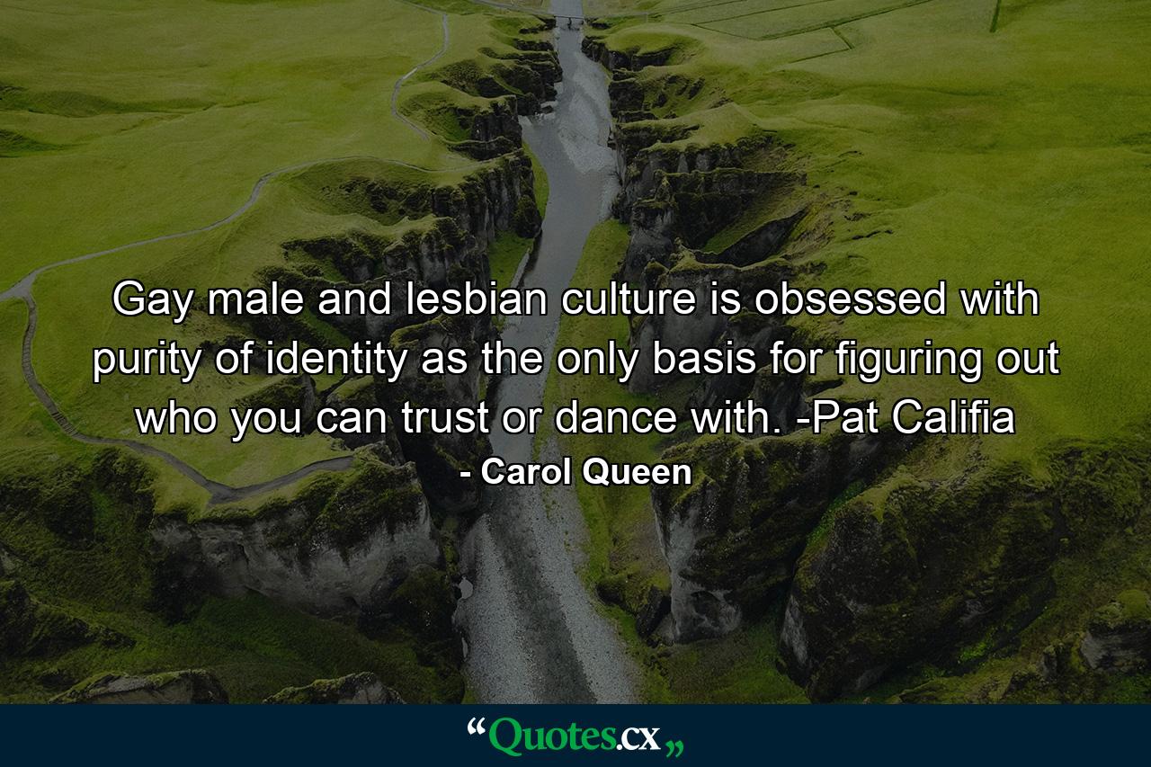 Gay male and lesbian culture is obsessed with purity of identity as the only basis for figuring out who you can trust or dance with. -Pat Califia - Quote by Carol Queen