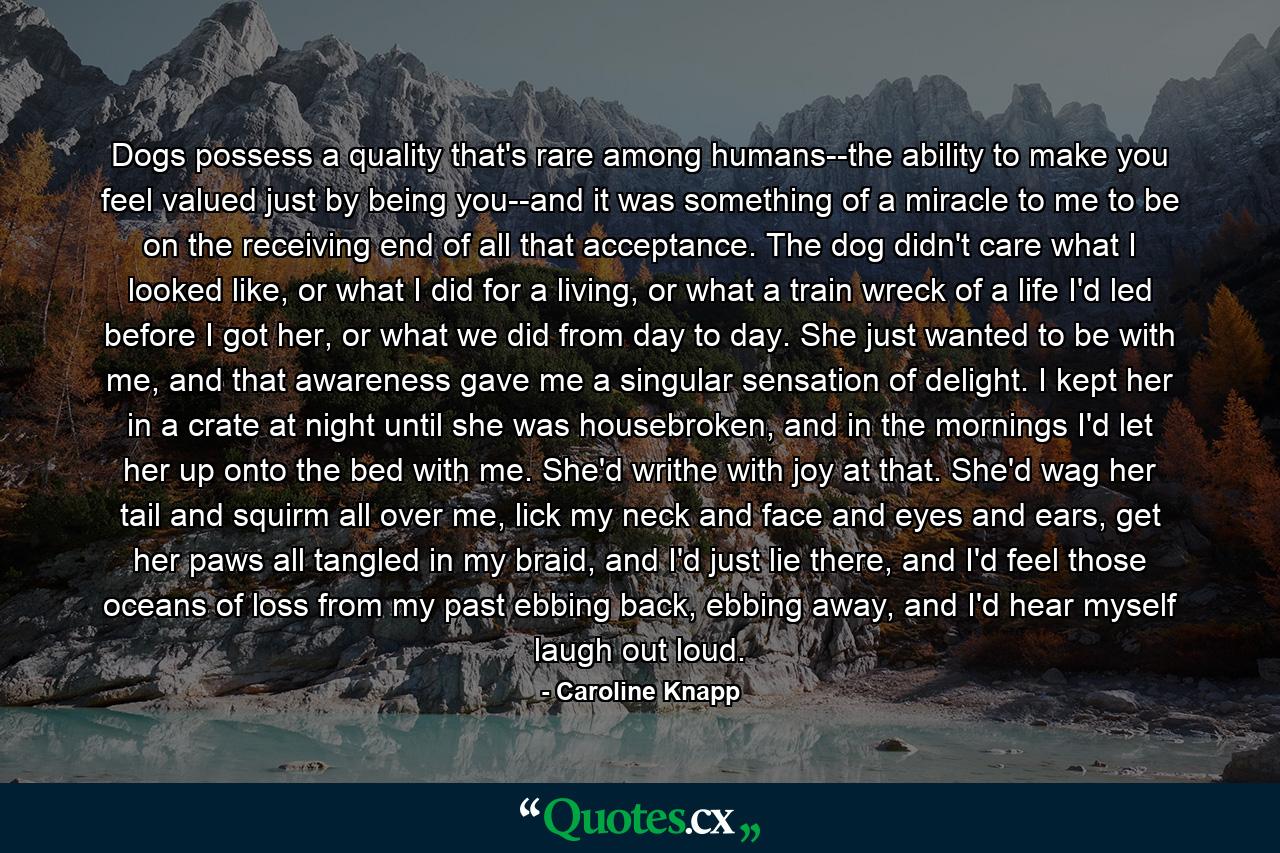 Dogs possess a quality that's rare among humans--the ability to make you feel valued just by being you--and it was something of a miracle to me to be on the receiving end of all that acceptance. The dog didn't care what I looked like, or what I did for a living, or what a train wreck of a life I'd led before I got her, or what we did from day to day. She just wanted to be with me, and that awareness gave me a singular sensation of delight. I kept her in a crate at night until she was housebroken, and in the mornings I'd let her up onto the bed with me. She'd writhe with joy at that. She'd wag her tail and squirm all over me, lick my neck and face and eyes and ears, get her paws all tangled in my braid, and I'd just lie there, and I'd feel those oceans of loss from my past ebbing back, ebbing away, and I'd hear myself laugh out loud. - Quote by Caroline Knapp