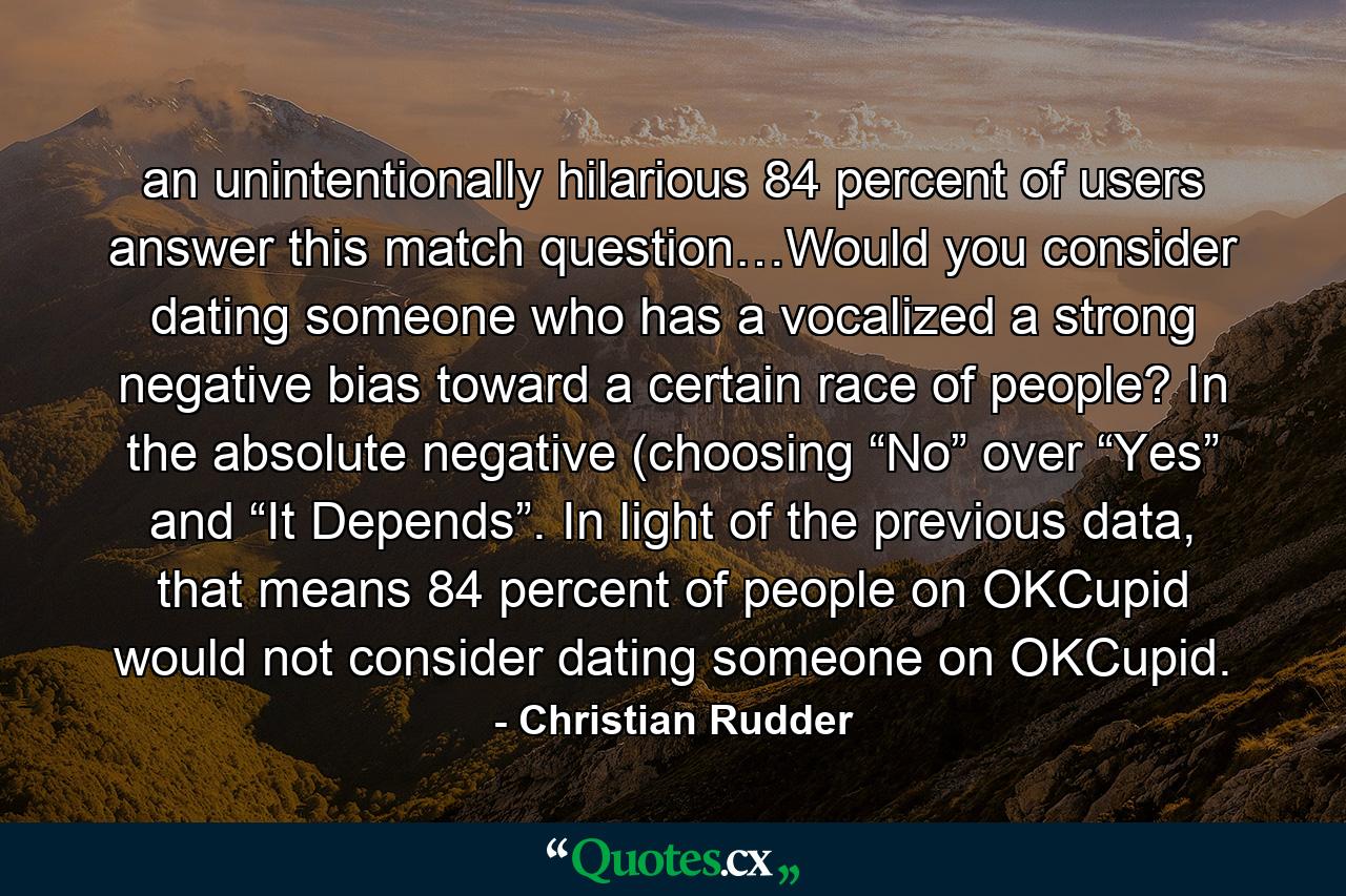 an unintentionally hilarious 84 percent of users answer this match question…Would you consider dating someone who has a vocalized a strong negative bias toward a certain race of people? In the absolute negative (choosing “No” over “Yes” and “It Depends”. In light of the previous data, that means 84 percent of people on OKCupid would not consider dating someone on OKCupid. - Quote by Christian Rudder