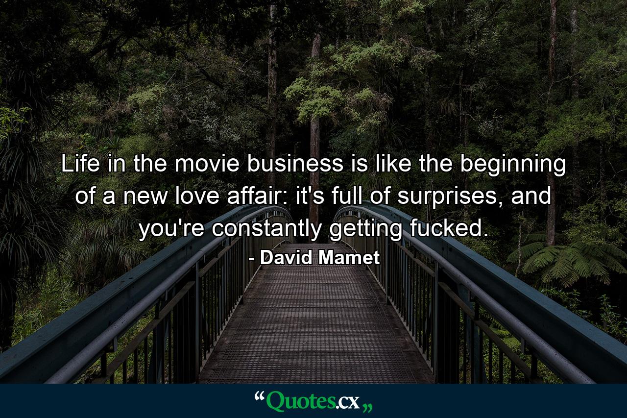 Life in the movie business is like the beginning of a new love affair: it's full of surprises, and you're constantly getting fucked. - Quote by David Mamet