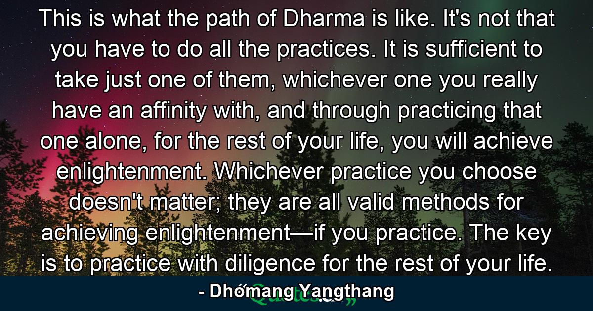 This is what the path of Dharma is like. It's not that you have to do all the practices. It is sufficient to take just one of them, whichever one you really have an affinity with, and through practicing that one alone, for the rest of your life, you will achieve enlightenment. Whichever practice you choose doesn't matter; they are all valid methods for achieving enlightenment—if you practice. The key is to practice with diligence for the rest of your life. - Quote by Dhomang Yangthang