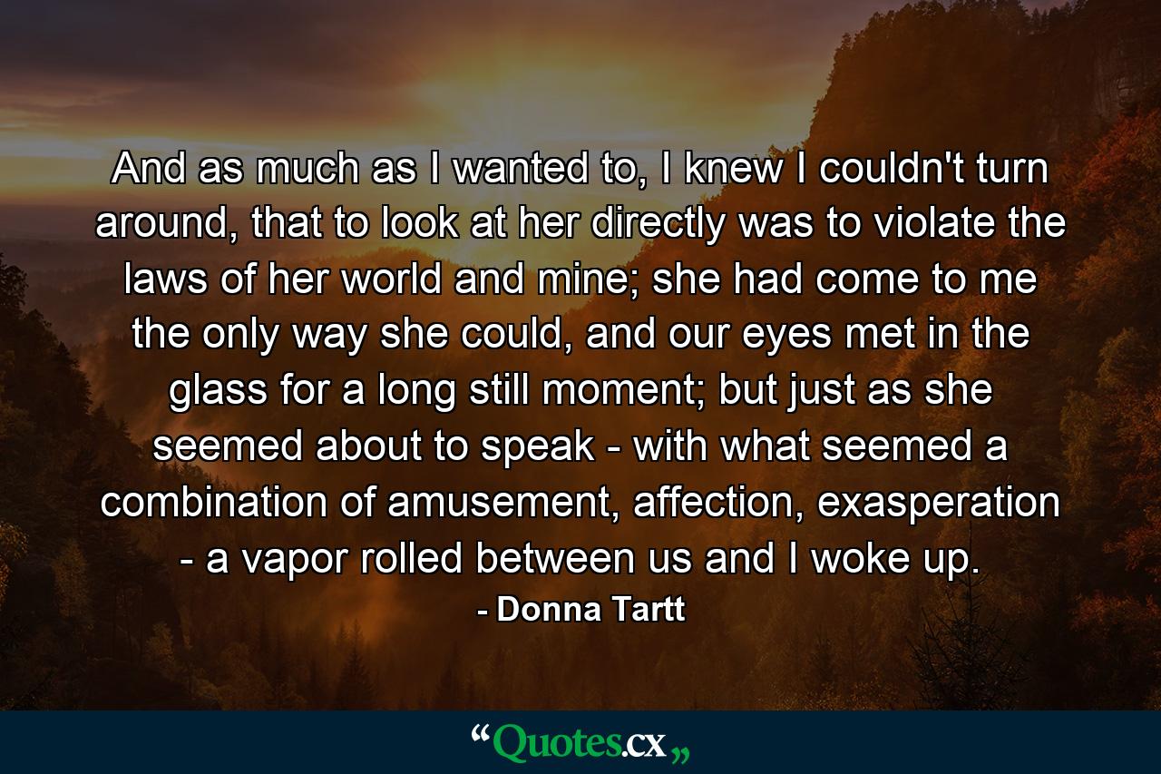 And as much as I wanted to, I knew I couldn't turn around, that to look at her directly was to violate the laws of her world and mine; she had come to me the only way she could, and our eyes met in the glass for a long still moment; but just as she seemed about to speak - with what seemed a combination of amusement, affection, exasperation - a vapor rolled between us and I woke up. - Quote by Donna Tartt