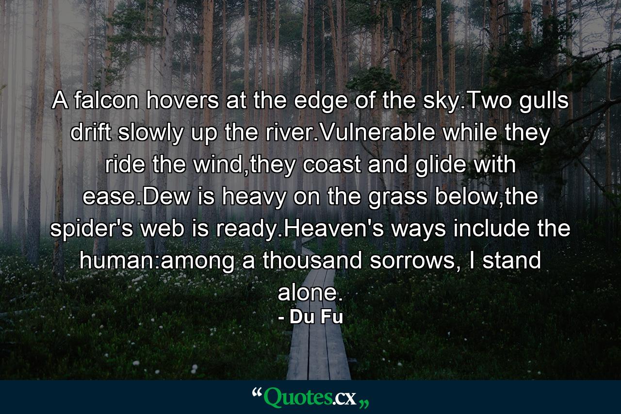 A falcon hovers at the edge of the sky.Two gulls drift slowly up the river.Vulnerable while they ride the wind,they coast and glide with ease.Dew is heavy on the grass below,the spider's web is ready.Heaven's ways include the human:among a thousand sorrows, I stand alone. - Quote by Du Fu