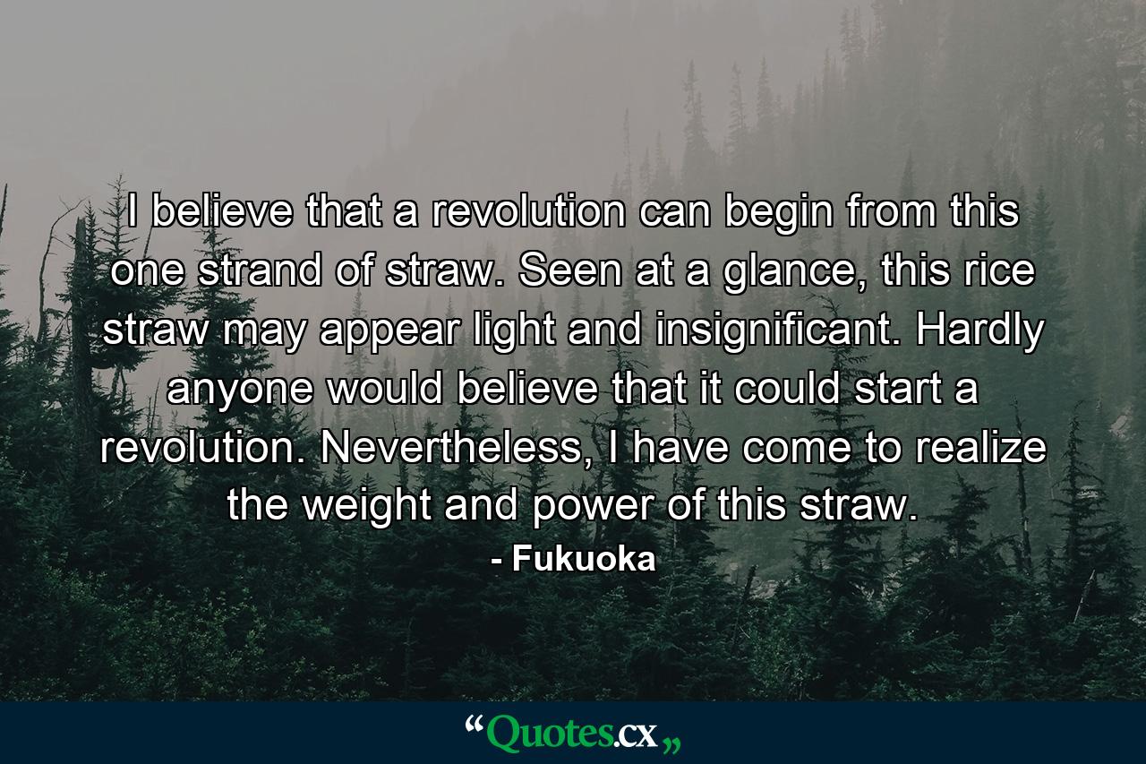 I believe that a revolution can begin from this one strand of straw. Seen at a glance, this rice straw may appear light and insignificant. Hardly anyone would believe that it could start a revolution. Nevertheless, I have come to realize the weight and power of this straw. - Quote by Fukuoka