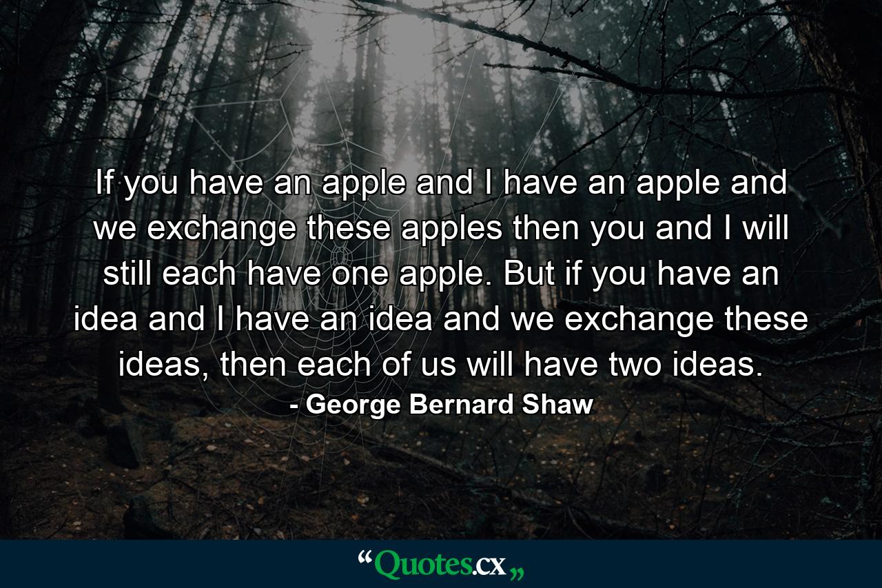 If you have an apple and I have an apple and we exchange these apples then you and I will still each have one apple. But if you have an idea and I have an idea and we exchange these ideas, then each of us will have two ideas. - Quote by George Bernard Shaw