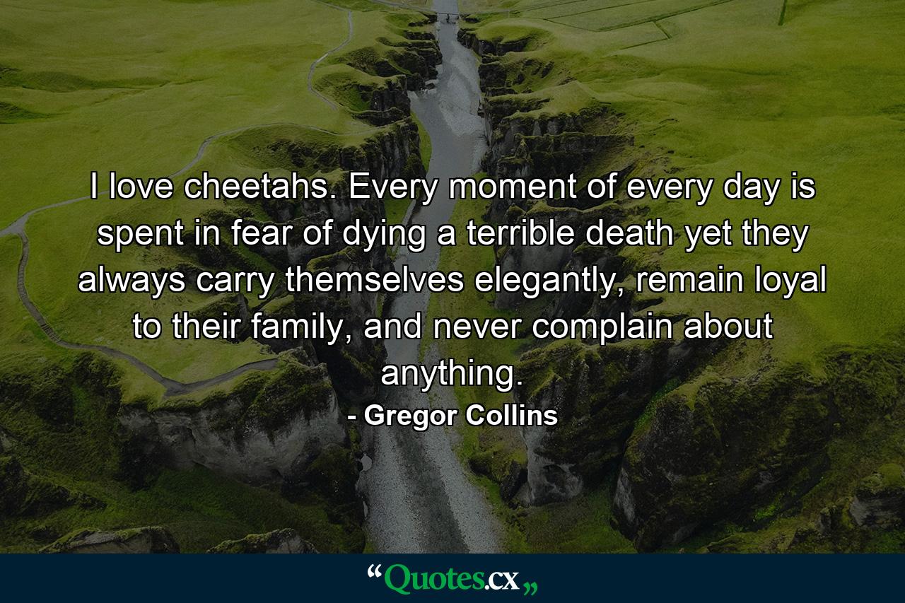 I love cheetahs. Every moment of every day is spent in fear of dying a terrible death yet they always carry themselves elegantly, remain loyal to their family, and never complain about anything. - Quote by Gregor Collins