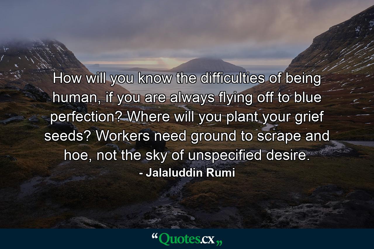 How will you know the difficulties of being human, if you are always flying off to blue perfection? Where will you plant your grief seeds? Workers need ground to scrape and hoe, not the sky of unspecified desire. - Quote by Jalaluddin Rumi