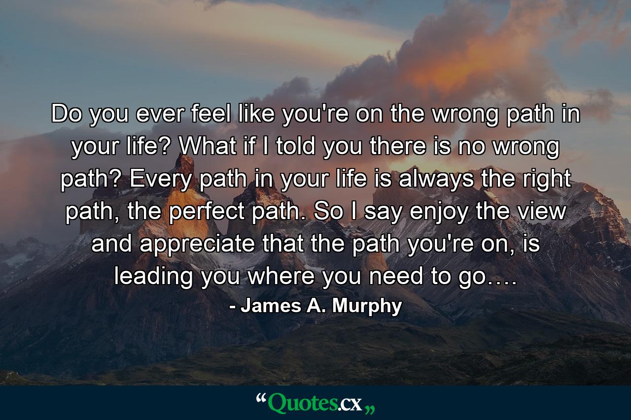 Do you ever feel like you're on the wrong path in your life? What if I told you there is no wrong path? Every path in your life is always the right path, the perfect path. So I say enjoy the view and appreciate that the path you're on, is leading you where you need to go…. - Quote by James A. Murphy