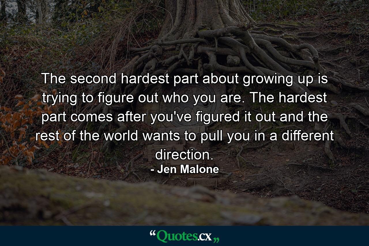 The second hardest part about growing up is trying to figure out who you are. The hardest part comes after you've figured it out and the rest of the world wants to pull you in a different direction. - Quote by Jen Malone