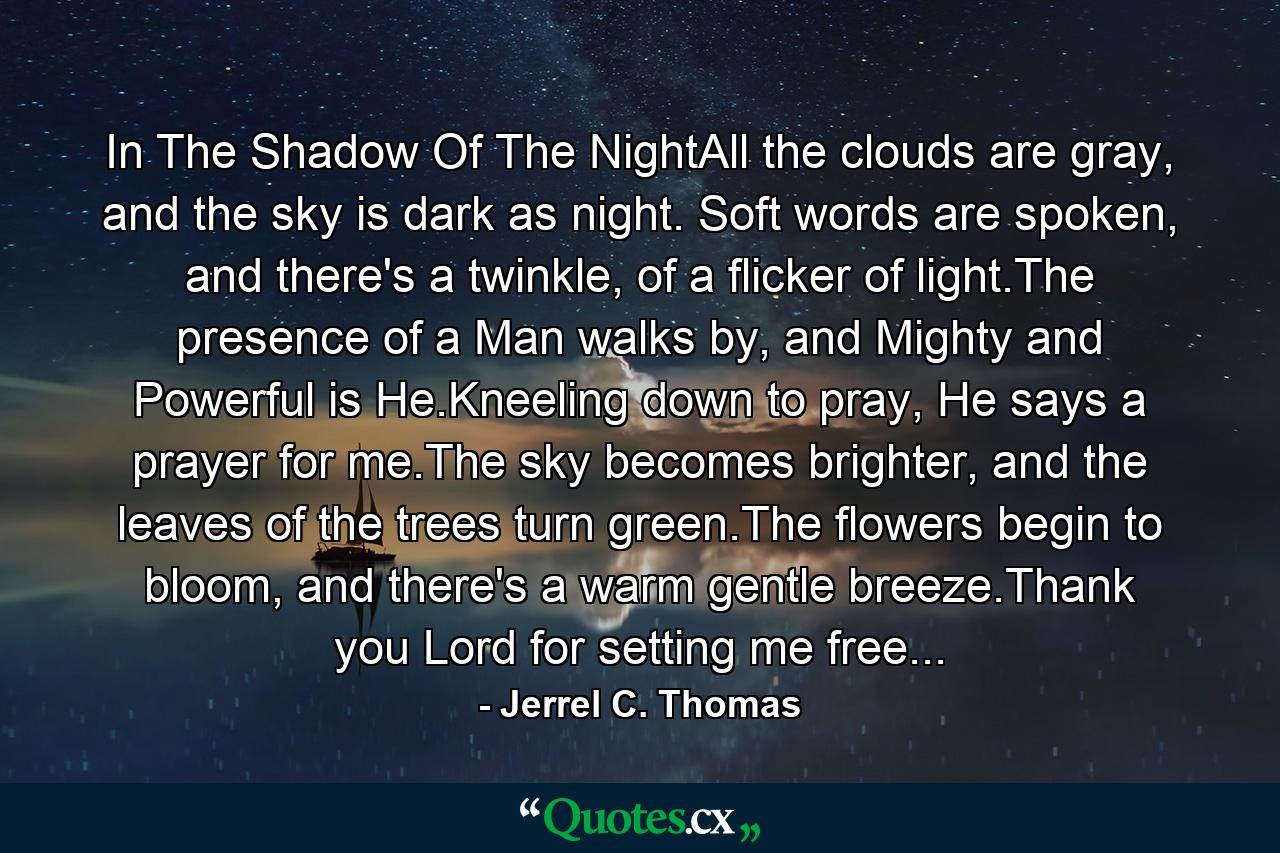 In The Shadow Of The NightAll the clouds are gray, and the sky is dark as night. Soft words are spoken, and there's a twinkle, of a flicker of light.The presence of a Man walks by, and Mighty and Powerful is He.Kneeling down to pray, He says a prayer for me.The sky becomes brighter, and the leaves of the trees turn green.The flowers begin to bloom, and there's a warm gentle breeze.Thank you Lord for setting me free... - Quote by Jerrel C. Thomas