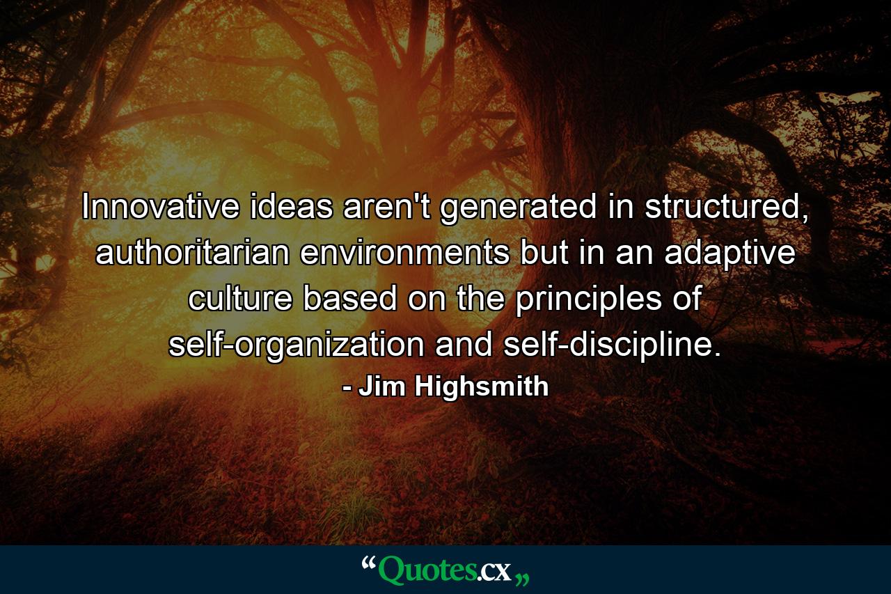 Innovative ideas aren't generated in structured, authoritarian environments but in an adaptive culture based on the principles of self-organization and self-discipline. - Quote by Jim Highsmith