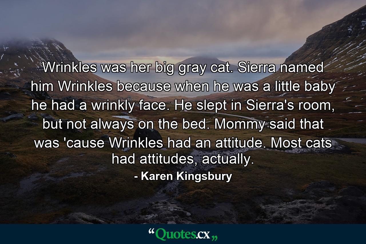 Wrinkles was her big gray cat. Sierra named him Wrinkles because when he was a little baby he had a wrinkly face. He slept in Sierra's room, but not always on the bed. Mommy said that was 'cause Wrinkles had an attitude. Most cats had attitudes, actually. - Quote by Karen Kingsbury