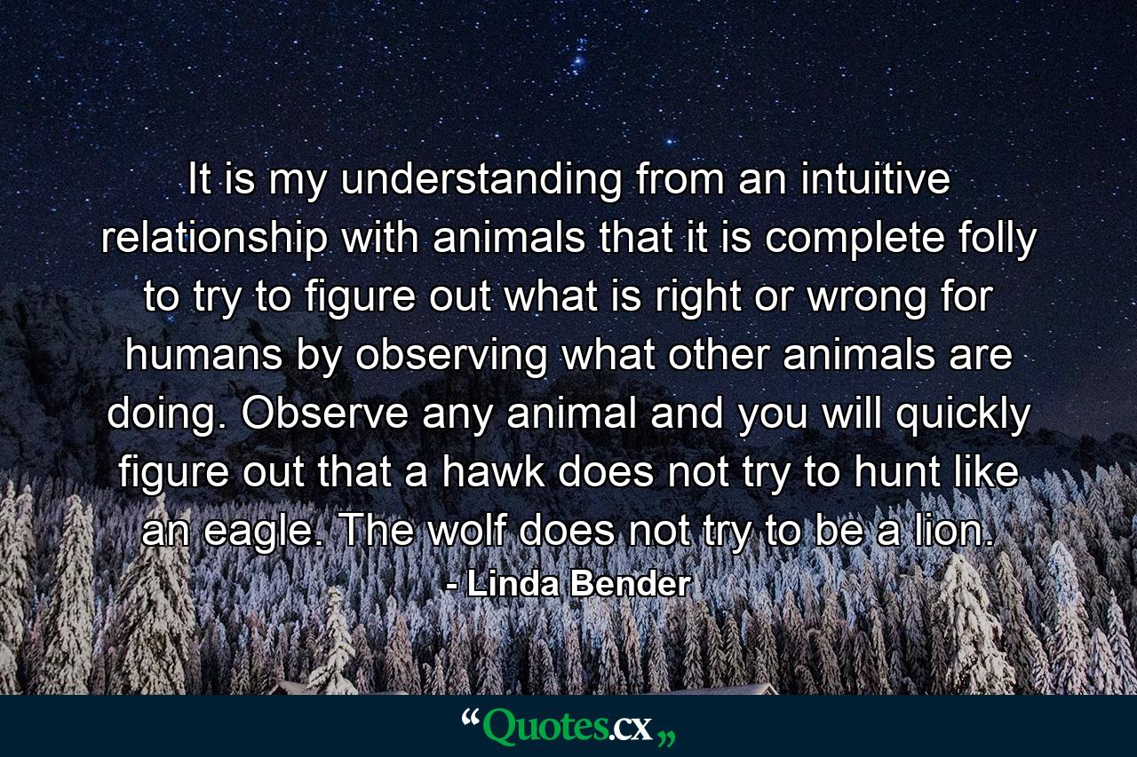 It is my understanding from an intuitive relationship with animals that it is complete folly to try to figure out what is right or wrong for humans by observing what other animals are doing. Observe any animal and you will quickly figure out that a hawk does not try to hunt like an eagle. The wolf does not try to be a lion. - Quote by Linda Bender