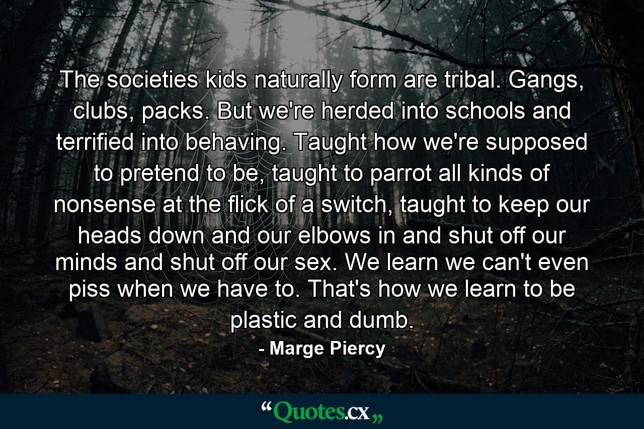 The societies kids naturally form are tribal. Gangs, clubs, packs. But we're herded into schools and terrified into behaving. Taught how we're supposed to pretend to be, taught to parrot all kinds of nonsense at the flick of a switch, taught to keep our heads down and our elbows in and shut off our minds and shut off our sex. We learn we can't even piss when we have to. That's how we learn to be plastic and dumb. - Quote by Marge Piercy