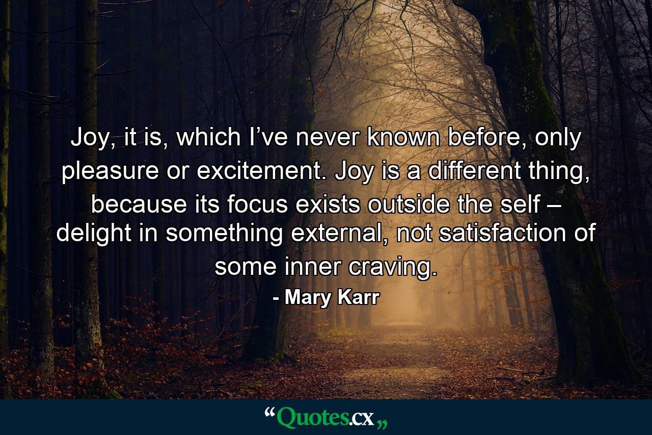 Joy, it is, which I’ve never known before, only pleasure or excitement. Joy is a different thing, because its focus exists outside the self – delight in something external, not satisfaction of some inner craving. - Quote by Mary Karr