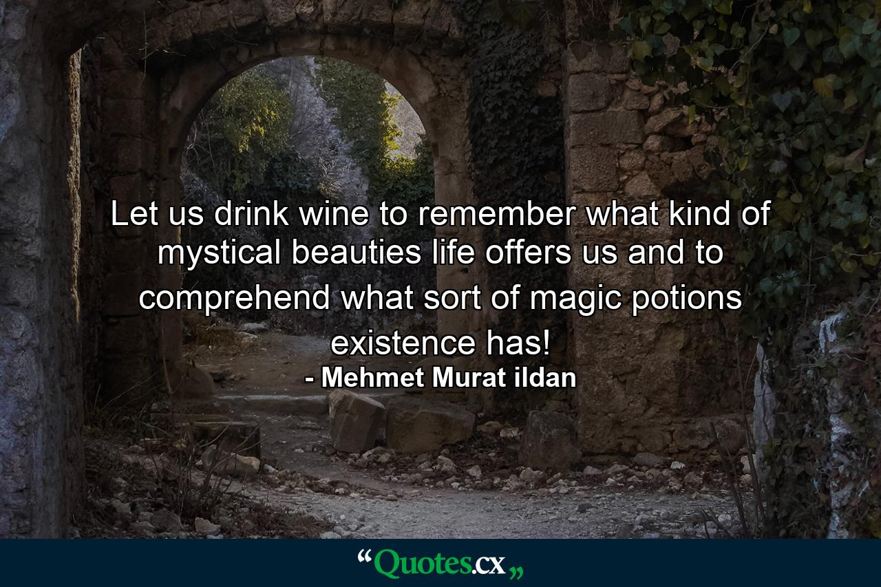 Let us drink wine to remember what kind of mystical beauties life offers us and to comprehend what sort of magic potions existence has! - Quote by Mehmet Murat ildan