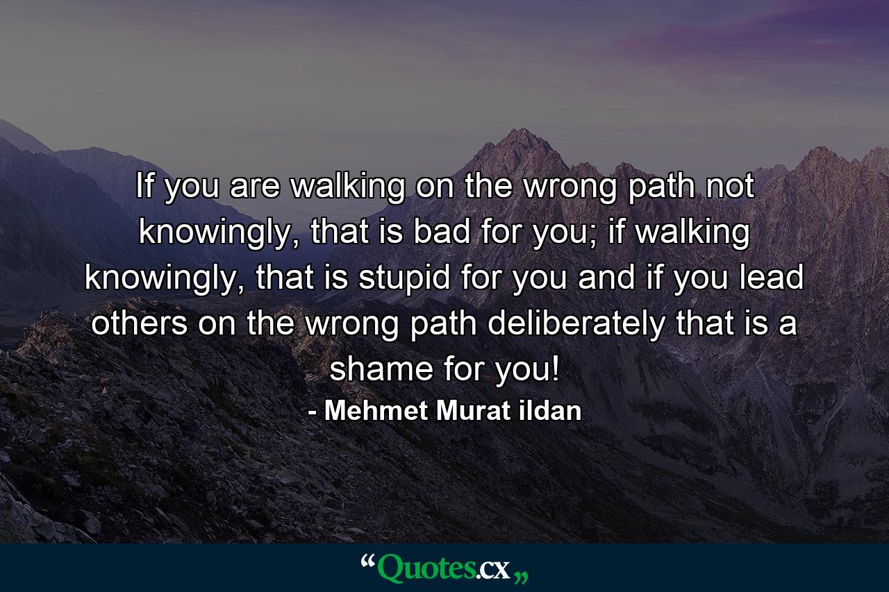 If you are walking on the wrong path not knowingly, that is bad for you; if walking knowingly, that is stupid for you and if you lead others on the wrong path deliberately that is a shame for you! - Quote by Mehmet Murat ildan