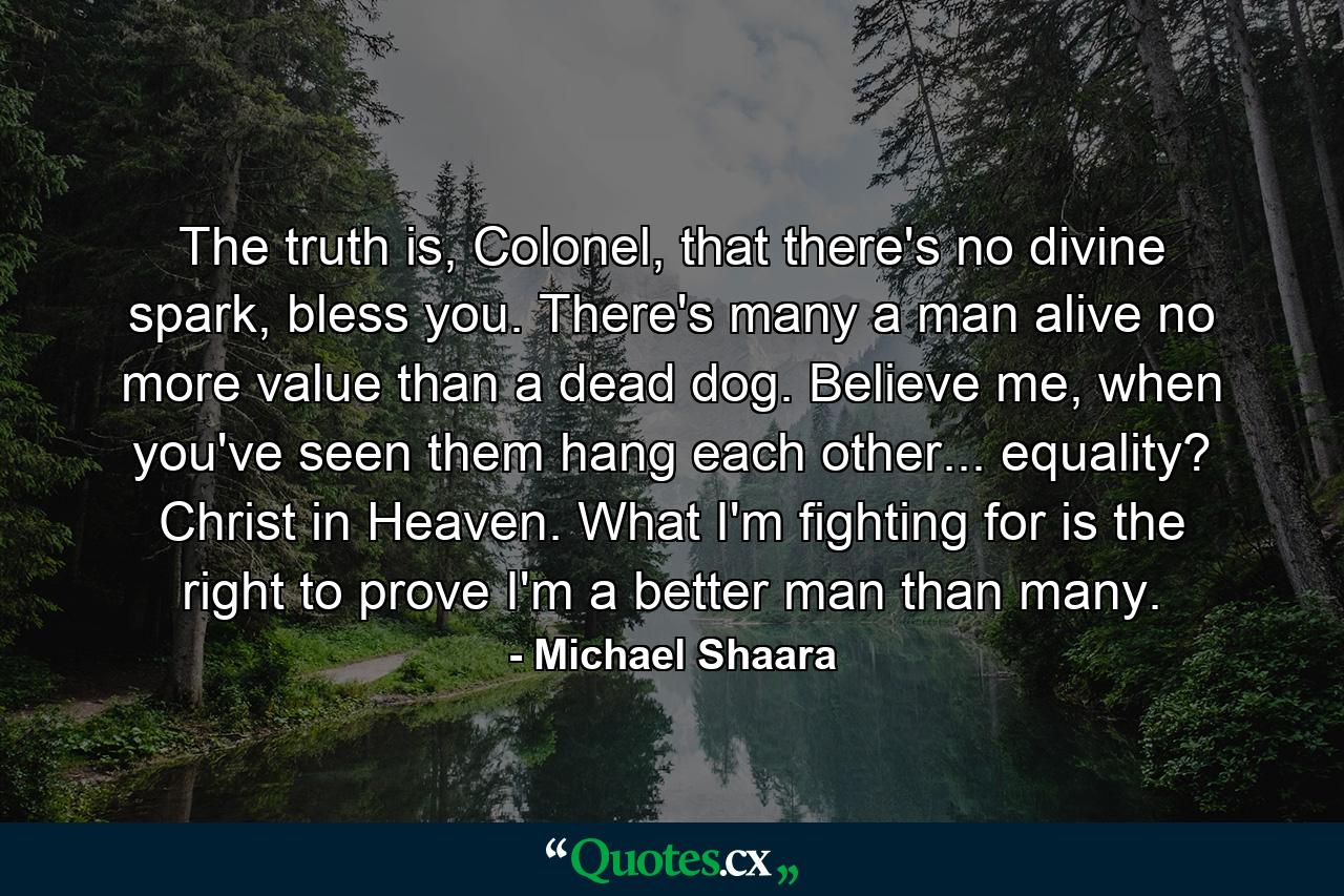 The truth is, Colonel, that there's no divine spark, bless you. There's many a man alive no more value than a dead dog. Believe me, when you've seen them hang each other... equality? Christ in Heaven. What I'm fighting for is the right to prove I'm a better man than many. - Quote by Michael Shaara